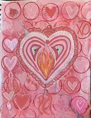 Abstract Valentine’s Day Heart Painting Red Pink Mixed Media Paper Moody Ooak