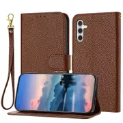 Galaxy A14 4G 5G Case Litchi Grain PU Leather Folio Cover Magnetic Closure Flip Wallet Card Slots Stand Case With Hand Strap, Brown - Brown