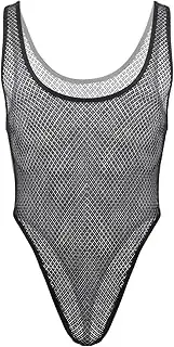 JIAHG Men's Sissy Lace Bodysuit Sheer Mesh Lingerie with Low Cut T-Back One Piece Leotard Sleeveless Sexy Fishnet Underwear