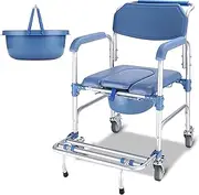 Toilet Rolling Transport Chair Bedside Commode Chair Weight Capacity Shower Wheelchair with Arms & 4 Brakes for Adults Senior Elderly Handicap Disabled 330 Lbs