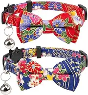Gyapet Collar for Cats Pets Breakaway with Bell Bowtie Floral Bow Detachable Adjustable Safety Puppy 2pcs Navy Blue & Red