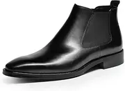 [Generic] Pointed Toe Ankle Boot for Men Work Boot Pull On StyleGenuine Leather Block Heel Monk Strap Easy Care Zipper Men's Leather Shoes