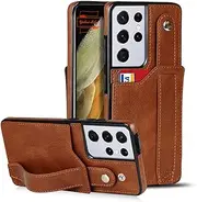 [Yidai-Silu] Galaxy A13 5G PU Leather Case【Card Holder，Kickstand Function，RFID Protection】 Wallet Case Hand Strap Shockproof Finger Clip Back Cover for Samsung Galaxy A13 5G - Brown