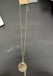 Vintage gold chain necklace with gold circle cat pendant with charms