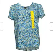 HILARY RADLEY WOMEN'S V-NECK FLORAL BLOUSE (BLUE FLORAL, SMALL)NWT