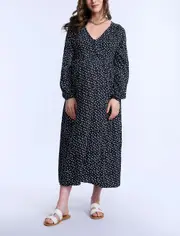 MOTHERHOOD MATERNITY Long Sleeve Button Front Maternity Midi Dress in Black Ditsy at Nordstrom, Size Large