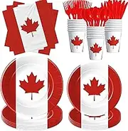 Suhelkit Canada Flag Party Supplies, 120pcs Disposable Tableware - Paper Plates, Napkins, Cups, Cutlery, Red & White Canadian Flag Design, Perfect for Canada Day, Birthdays & More