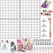 Black Wall Grid Wire Panel with S Hooks Wooden Clips Nails and Rope, Photograph Wall Mesh Organizer Photo Hanging Display Memo Board Wall DIY Decor for Home Office (35x35 cm/13.7X 13.7 Inch)