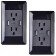 2PK Home Office Power Socket Wall Outlet USB Ports Electrical Plug w/Cover Black