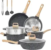 12 Pcs Pots and Pans Set, Nonstick Cookware Sets Black Granite Induction Cookware, Non-Toxic Healthy Non Stick Kitchen Cooking Set with Frying Pans Set, Saucepans, Steamer