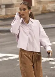 [Lorna Jane] Heritage Cropped Button Up Shirt in Print, Cotton, Size - Small S Violet Stripe