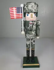 American Army Solder In Fabric Camo Uniform Wood Nutcracker. 10" Tall.