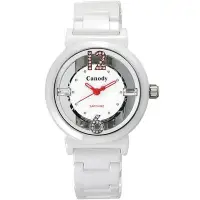 在飛比找Yahoo!奇摩拍賣優惠-Canody 浮雕時尚 鏤空晶鑽陶瓷腕錶-白x紅指針/35m