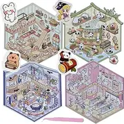 4 Sets DIY 3D House Sticker Scene of Stickers for Girls Make Your Own Mini Shop Scenes Stickers for Kids Cute Cartoon Animal Sticker for Adult Relief Stress Pass The Time (Mini-1)