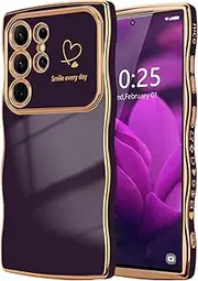 [LCHULLE] for Samsung Galaxy S23 Ultra Case for Women Girls, Cute Wave Frame Curly Shape with Love Heart Raised Camera Protection Luxury Plating Shockproof Phone Case for Galaxy S23 Ultra 5G,Dark Purple