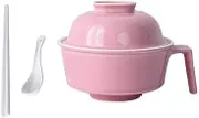 Soup Bowl with Handle and Lid, Soup Bowls in China Porcelain Ceramic Spoon Chopsticks Oven Microwaveable Microwave Safe for Student Dormitory Office Instant Noodles-Pink