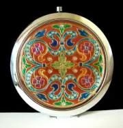 Round Compact Mirror Silver-Tone Multicolor Enamel Floral Ribbon Design - Pretty