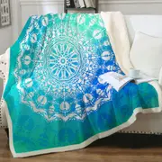 White Mandala over Bright Blue Green Throw Blanket