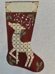 Alice Peterson Hand Painted Needlepoint Canvas Stocking Reindeer And Holly 19.5”