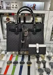Michael Kors Hamilton Medium Black MK Logo Satchel Bag & Bifold Card Wallet Set
