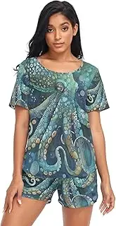 [RPLIFE] Octopus Sea Animal Teal Blue Pajamas Set for Women, Matching Lounging Sets Women, Octopus Sea Animal Teal Blue, Medium