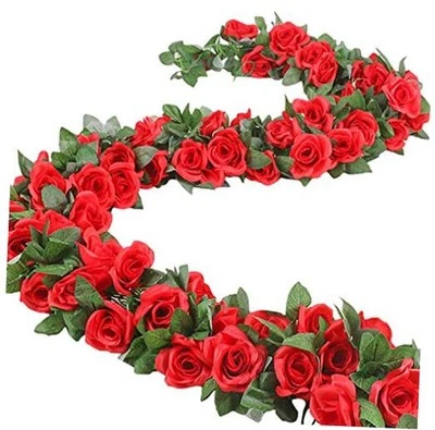 16 FT Fake Rose Vine Garland Artificial Flowers Plants Hanging Rose Red/2pcs
