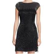 Aidan Mattox Black Beaded Fringe Embellished Cocktail Dress Size 2