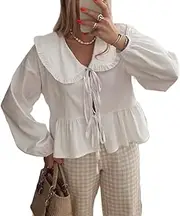 [Seyurigaoka] Women Y2k Puff Sleeve Peplum Shirts Bow Tie Front Blouse Flared Ruffle Hem Babydoll Tops Cute Summer Shirts