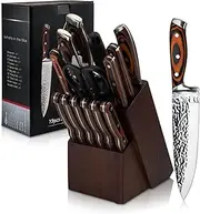 Kitchen Knife Set,15-Piece Knife Set with Block Wooden,Self Sharpening for Chef Knife Set,High Carbon Japan Stainless Steel Hammered Collection Knife Block Set with Steak Knives, Boxed Knife Set
