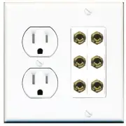 RiteAV 6 Banana 3 Speaker Surround Female Coupler Wall Plate Tamper Proof White