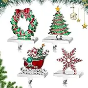 Zhengmy 4 Pcs Christmas Stocking Holders for Mantle Reindeer Snowflake Snowman Pine Tree Metal Standing Hook Decorative Holder Stand Silver Stockings Hanger Xmas Fireplace (Wreath)