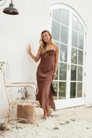 [PUP14] Dara Midi Dress - Brown Polka Dot XS Brown