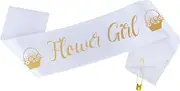Flower Girl Sash - Cute White & Gold Girls sash for Wedding | Fits ages 1 to 10 years old | Bridal Shower Party Proposal Bridesmaids Set Decorations Supplies Favors Gifts Accessories Gift Favor Decor