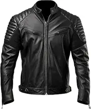 [Sumairah] Mens Puffer Biker Jacket Cafe Racer Fit Black Multi Zipper Pocket Moto Genuine Leather Jackets
