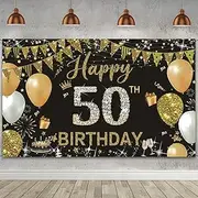 WVMNQO Happy Birthday Banner, 50th Birthday Decorations Backdrop, Extra Large Black Gold Party Decorations, Perfect Birthday Party Supplies Photography Background for Men, and Women, 180x110cm