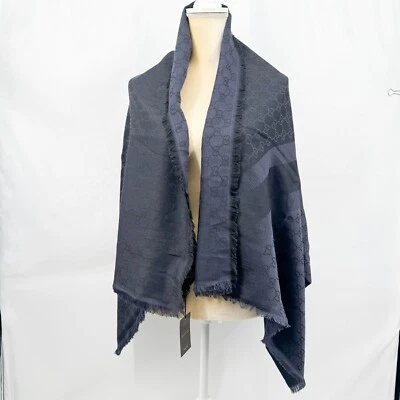 GUCCI Scarf Shawl GG Guccissima 140x140 cm Wool Silk Black Navy 281942 NWT