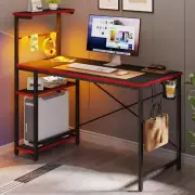 Computer Gaming Desk Table 4 Shelves Storage RGB LED Lights and Hooks Black