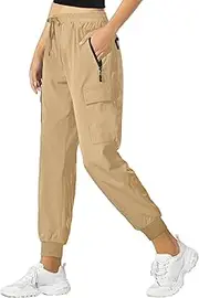 [Buauty] Womens Joggers Quick Dry Lightweight Cargo Joggers Hiking Pants with Pockets Elastic Waist for Travel and Camping, Light Khaki, X-Large
