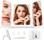 Travel Lighted Makeup Mirror with 3x/7x Magnification and Adjustable Brightness - (White)