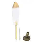 Feather Pen Quill, Feather Ballpoint Pen with Bronze Pen Holder, White