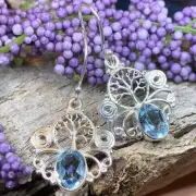 NEW Solid Sterling Silver Blue Topaz Tree of Life Earrings Celtic Nature Jewelry