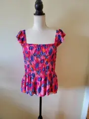 Rose & Olive Women's S Top Square Neck Flutter Sleeve Pemplum Smocked Body Multi