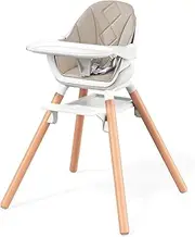 DDIOYIUR Baby High Chair, Wooden Feeding Chair with Removable Double Tray & Reversible Footrest, 5-Point Harness Multi-Use Toddlers HighChair, Champagne