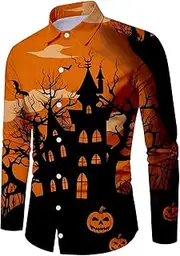 [Generic] Shirts Men Loose Fit Halloween and Pumpkin Pattern Printed Long Sleeved Shirt Turtle Neck Tee Shirts