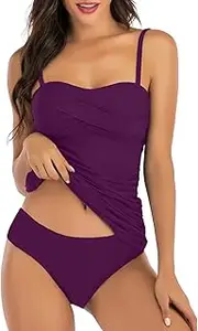 [Shuangyu] Women's Two Piece Twist Front Halter Bathing Suits Flowy Mesh Bandeau Tankini Swimsuits