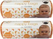 x2 Pack of 100 Nappy Bags Thick Strong On A Roll with Tie Handles (200 Bags)