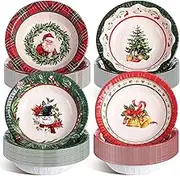 Pasimy 100 Pcs Christmas Paper Bowls Bulk 12 oz Merry Christmas Disposable Bowls Red and Green Plaid Serving Bowls Snowman Santa Claus Snack Soup Dessert Food Tablewares for Xmas Party Favors Supplies