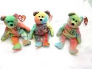3 PEACE MULTICOLORED TY BEANIE BABY BEARS-RETIRED MINT, 1996 TAG ERRORS RARE NEW