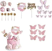 Rstigiker 28 Pcs Birthday Cake Toppers Set Ball Cake Topper Butterfly Cake Picks Bubble Cake Insert DIY Golden and Pink Cake Decorations Flower Printed Board Party Decorative Cupcake Sticks