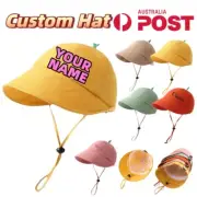 Personalised infant Bucket Hat Bear Beach Sun Cap Baby Custom Name Adjustable AU